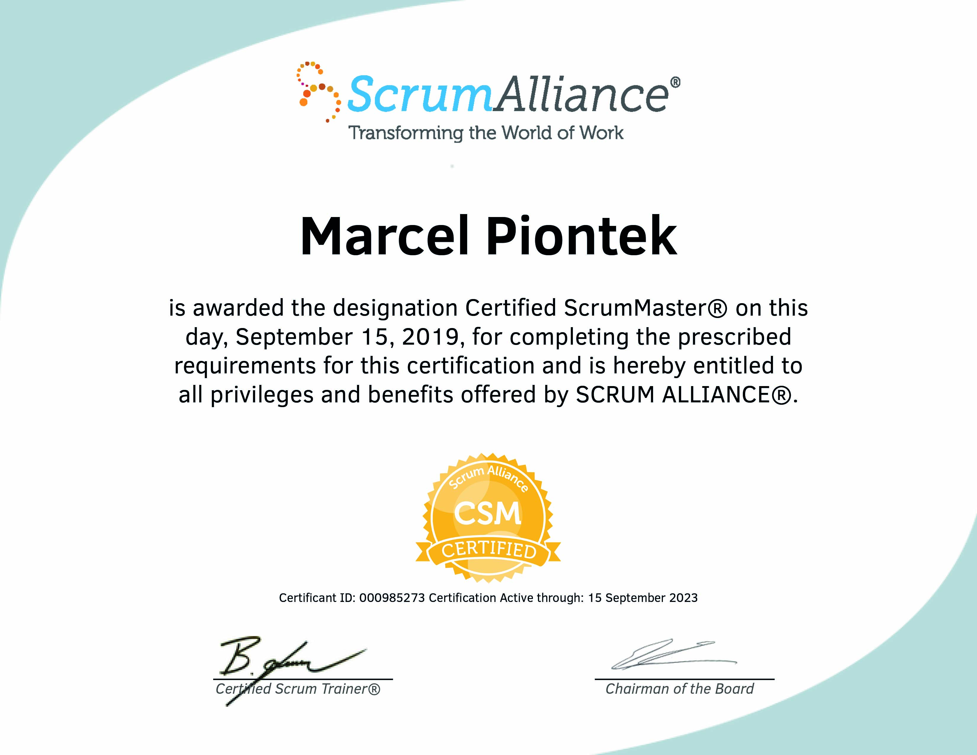 Scrum Alliance Certificate Marcel Piontek